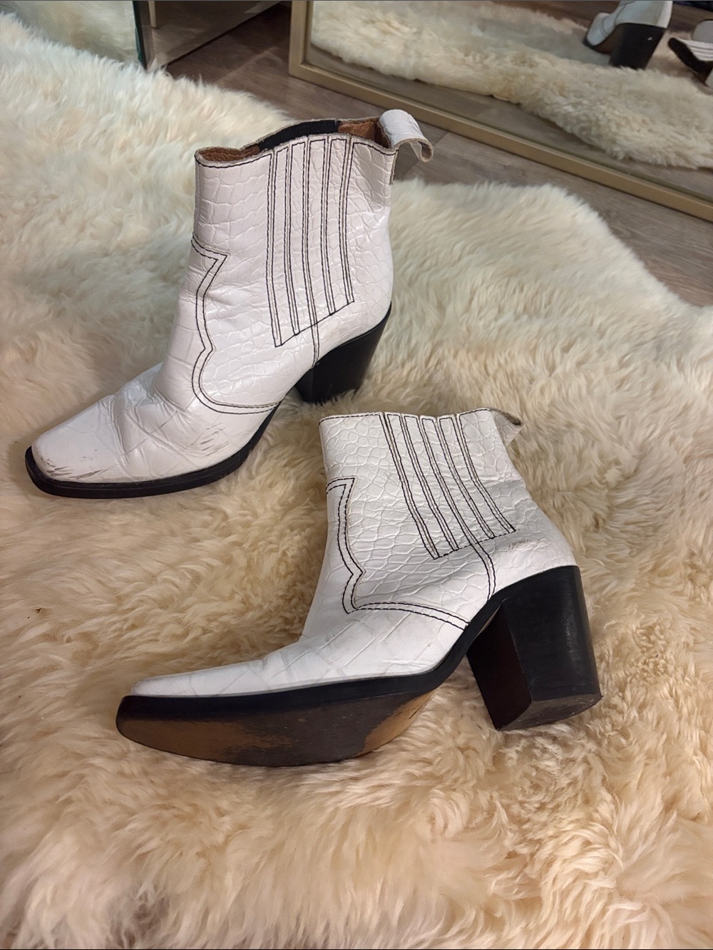 Ganni White Western Croc-Embossed Ankle Boots - Women
